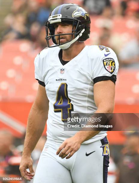 Punter Sam Koch of the Baltimore Ravens on the field prior to a game against the Cleveland Browns on October 7, 2018 at FirstEnergy Stadium in...