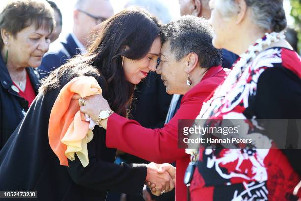 Prime Minister Jacinda Ardern receives a Maori hongi ahead of announcing funding for North Shore and Whangarei Hospitals on October 19, 2018 in...