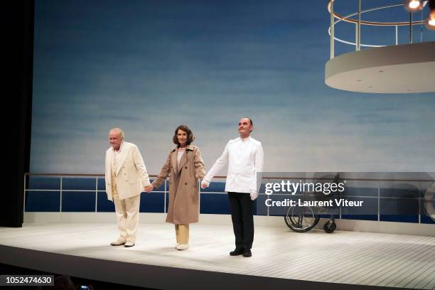 Niels Arestrup, Ludmila Mikael and Baptiste Roussillon perform during "Skorpios au Loin" Theater Play, Prize 2018 of Fondation Barriere at Theatre...