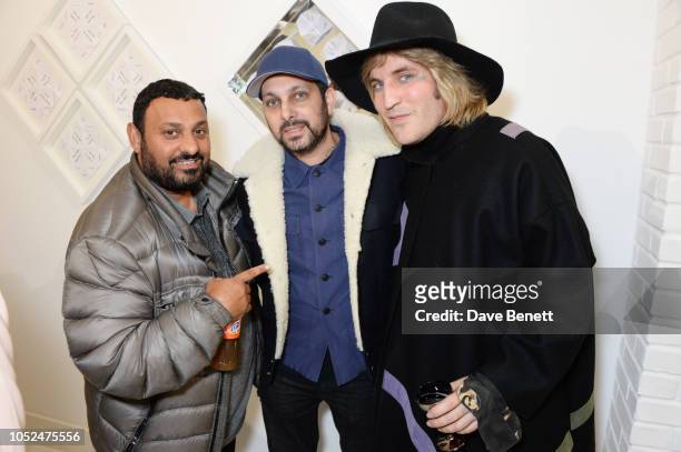 Prince Naseem Hamed, Dynamo and Noel Fielding attend a private view of "Daft Apeth" by Serge Pizzorno of Kasabian at No Ho Showrooms on October 18,...