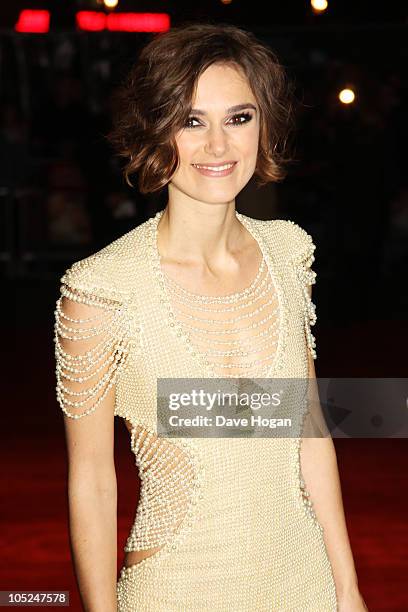 Keira Knightley attends the premiere of Never Let Me Go held at The Odeon Leicester Square on October 13, 2010 in London, England.