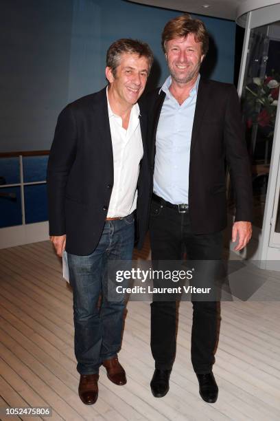 Stephane Hillel and Richard Caillat attend "Skorpios au Loin" Theater Play, Prize 2018 of Fondation Barriere at Theatre Bouffes Parisiens on October...