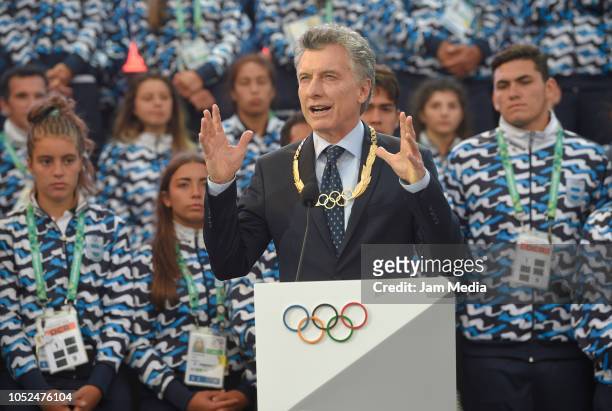 Mauricio Macri President of Argentina gives an speech on day 12 during the closing ceremony of Buenos Aires 2018 Youth Olympic Games at Youth Olympic...