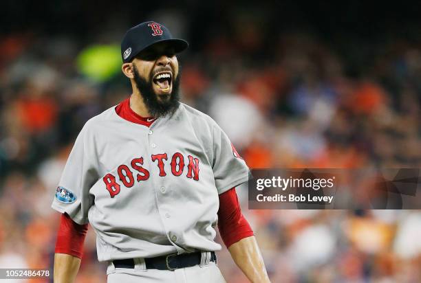 David Price of the Boston Red Sox reacts after striking out Jose Altuve of the Houston Astros , to end the sixth inning during Game Five of the...