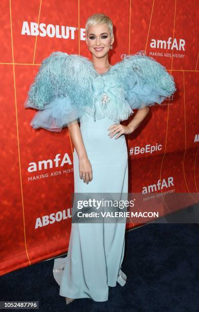 Singer/songwriter Katy Perry arrives at the amfAR Gala Los Angeles at the Wallis Annenberg Center for the Performing Arts on October 18, 2018 in...