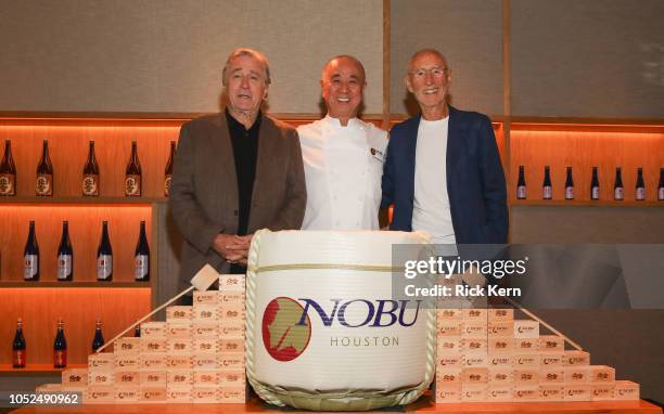 Nobu Founders Robert De Niro, Chef Nobu Matsuhisa, and Meir Teper at the Nobu Houston Sake Ceremony on October 18, 2018 in Houston, Texas.