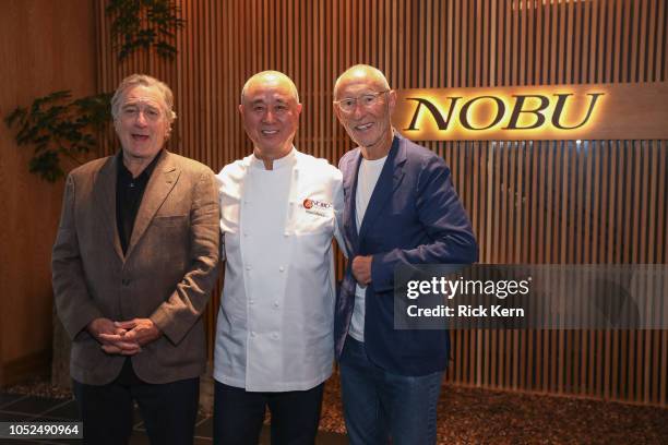 Nobu Founders Robert De Niro, Chef Nobu Matsuhisa, and Meir Teper at the Nobu Houston Sake Ceremony on October 18, 2018 in Houston, Texas.