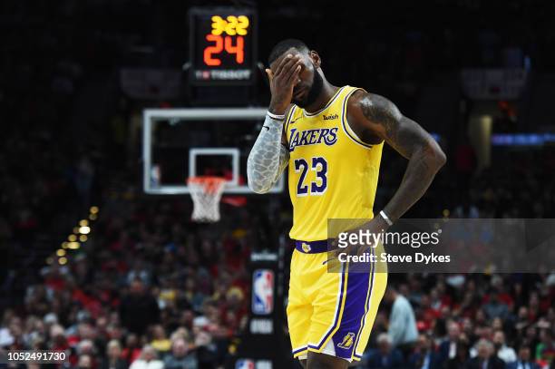 LeBron James of the Los Angeles Lakers reacts in the first quarter against the Portland Trail Blazers during their game at Moda Center on October 18,...