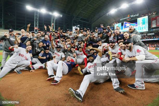 The Boston Red Sox celebrate defeating the Houston Astros 4-1 in Game Five of the American League Championship Series to advance to the 2018 World...