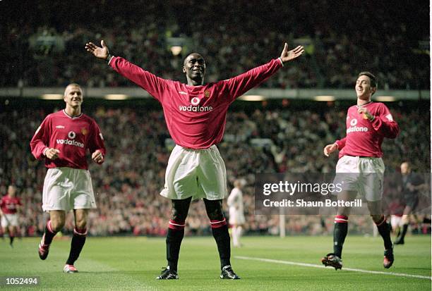 Andy Cole of Manchester United celebrates during the FA Carling Premiership match against Bradford City at Old Trafford, in Manchester, England....