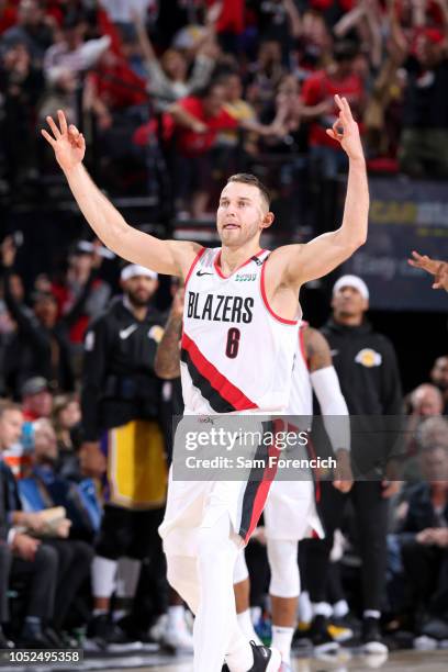 Nik Stauskas of the Portland Trail Blazers reacts to a play during the game against the Los Angeles Lakers on October 18, 2018 at the Moda Center in...