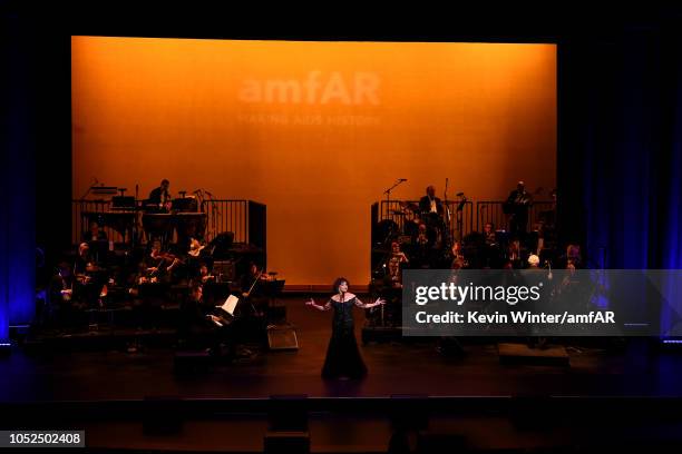 Dame Shirley Bassey performs onstage at the amfAR Gala Los Angeles 2018 at Wallis Annenberg Center for the Performing Arts on October 18, 2018 in...