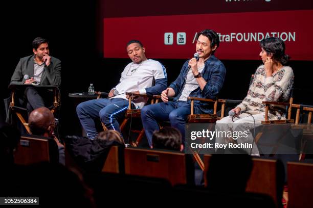 Moderator Adam Moore with Allen Maldonado, James Chen and Sunita Mani attend the SAG- AFTRA Business panel discussion "New Voices, New Stories:...