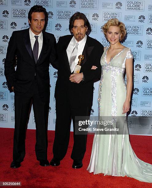 Mark Ruffalo, Al Pacino and Brittany Murphy during The 61st Annual Golden Globe Awards - Press Room at The Beverly Hilton in Beverly Hills,...