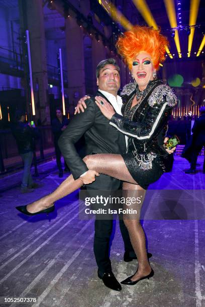 And musician Mousse T. And drag queen Olivia Jones during the Tribute To Bambi at Kraftwerk Mitte on October 18, 2018 in Berlin, Germany.