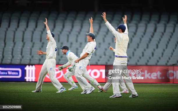 Big appeal for LBW against Jake Lehmann of the Redbacks during the Sheffield Shield match between South Australia and New South Wales at Adelaide...