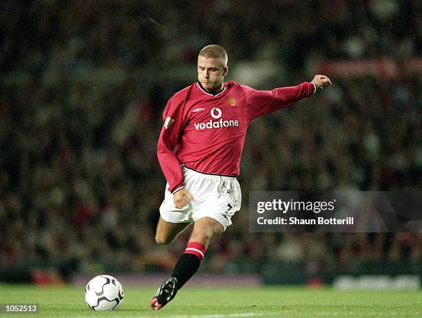 David Beckham of Manchester United shoots during the FA Carling Premiership match against Bradford City at Old Trafford, in Manchester, England....