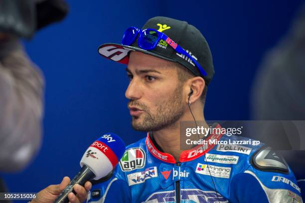 Mattia Pasini of Italy and Italtrans Racing speaks in the box during the MotoGP of Japan - Free Practice at Twin Ring Motegi on October 19, 2018 in...