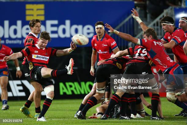 Mitchell Drummond clears the ball during the Mitre 10 Cup Semi Final - Tasman v Canterbury on October 19, 2018 in Nelson, New Zealand.