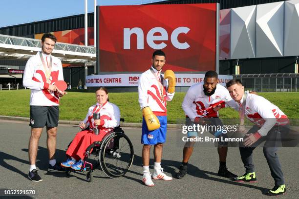 Team England Gold Coast athletes Sam Walker, Natalie Blake, Galal Yafai, Charlie Bowling and team England Wrestling training partner Nathaniel Brown...