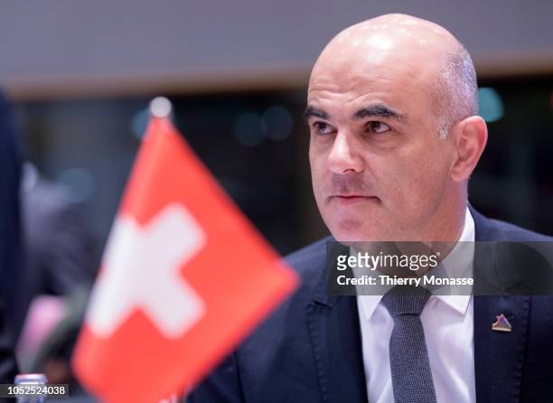 President of Switzerland Alain Berset is waiting in the Europa building, the EU Council headquarter on October 19, 2018 in Brussels, Belgium.