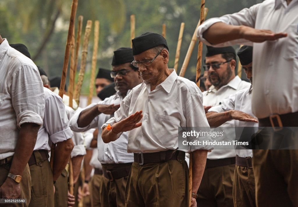 Volunteers of Rashtriya Swayamsevak Sangh during 'Prarthana' after ...