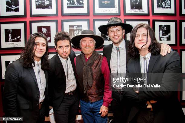 The Last Bandoleros and Michael Martin Murphey take photos backstage during "Austinology Alleys of Austin" at Franklin Theater on October 18, 2018 in...
