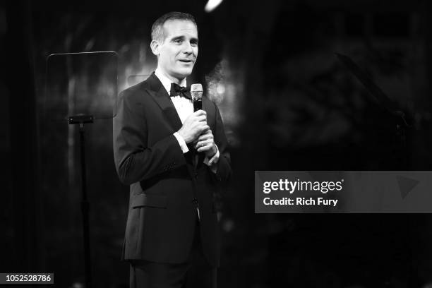 Los Angeles Mayor Eric Garcetti speaks onstage during the amfAR Gala Los Angeles 2018 at Wallis Annenberg Center for the Performing Arts on October...