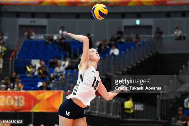 Kimberly Hill of United States serves during the FIVB Women's World Championship 5th place match between Japan and USA at Yokohama Arena on October...