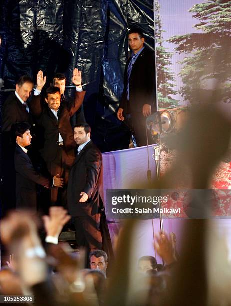 Iranian President Mahmoud Ahmadinejad addresses the crowd in the southern suburb of Beirut on October 13, 2010 in Lebanon. The controversial two-day...