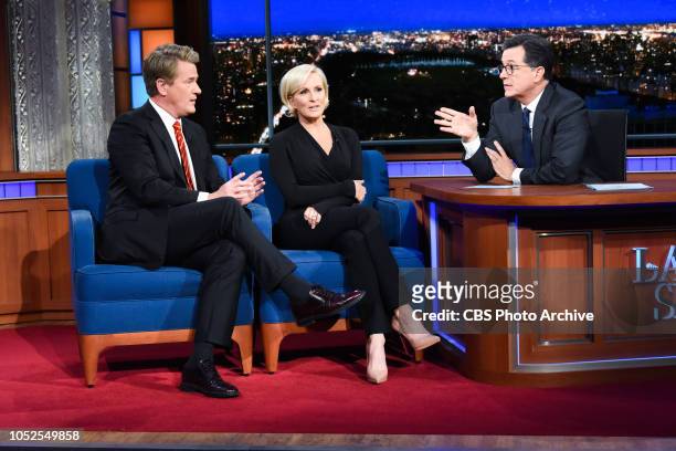The Late Show with Stephen Colbert and guests Joe Scarborough and Mika Brzezinski during Thursday's October 18, 2018 show.