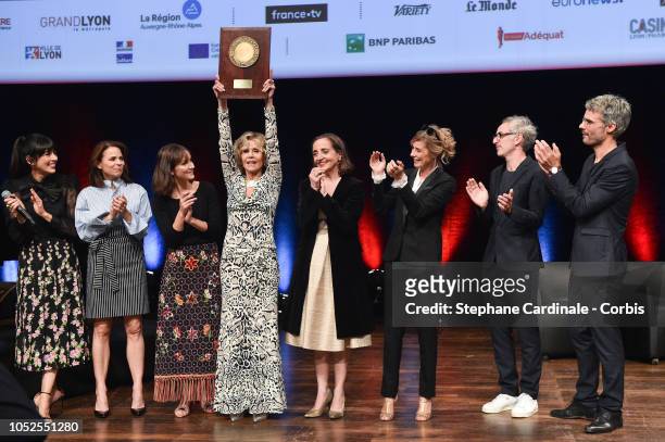 Jane Fonda poses with The Prix Lumiere 2018 next to Nolwenn Leroy, Suzanne Clement, Anais Demoustier, Dominique Blanc, Anne Consigny, Vincent Delerm,...