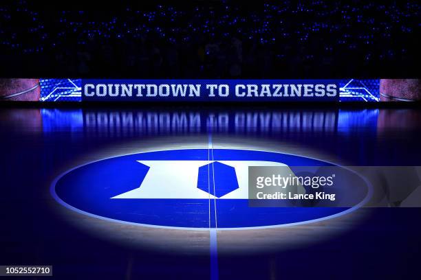 General view of the Duke logo prior to Countdown to Craziness at Cameron Indoor Stadium on October 19, 2018 in Durham, North Carolina.