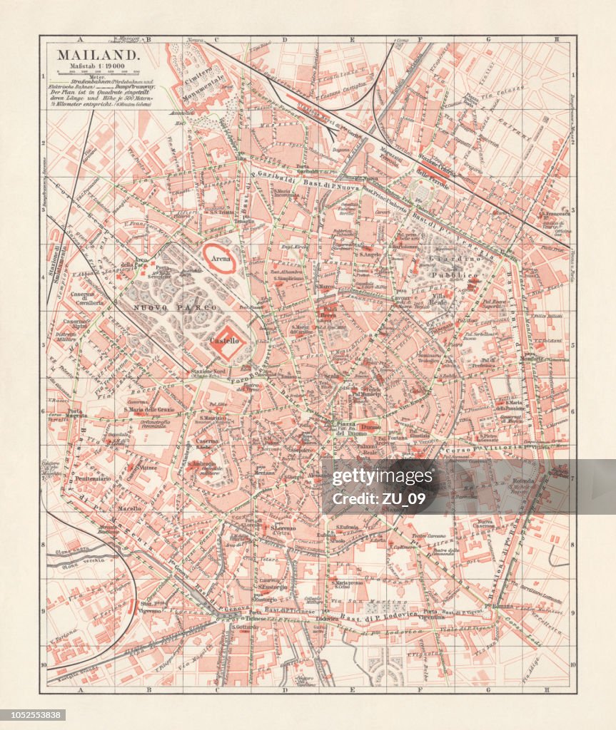 City map of Milan, Italy, lithograph, published in 1897