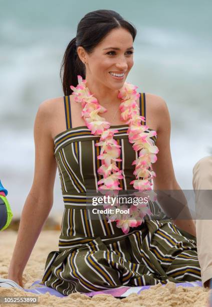 Meghan, Duchess of Sussex visits Bondi beach on October 19, 2018 in Sydney, Australia. The Duke and Duchess of Sussex are on their official 16-day...