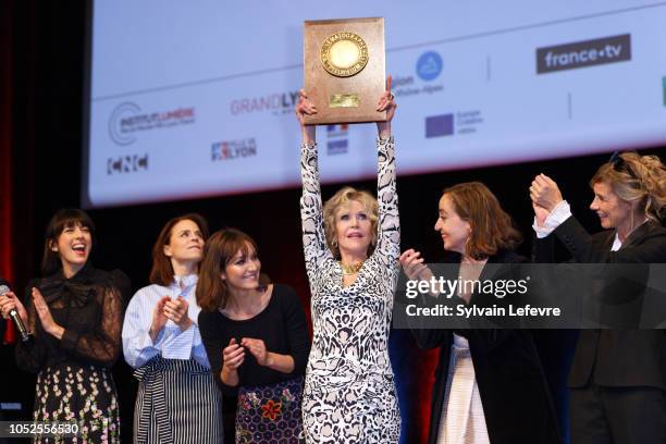 Jane Fonda poses with The Prix Lumiere 2018 next to Nolwenn Leroy, Suzanne Clement, Anais Demoustier, Dominique Blanc, Anne Consigny during the Prix...