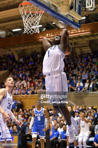 Zion Williamson of the Duke Blue Devils goes up for a dunk during Countdown to Craziness at Cameron Indoor Stadium on October 19, 2018 in Durham,...