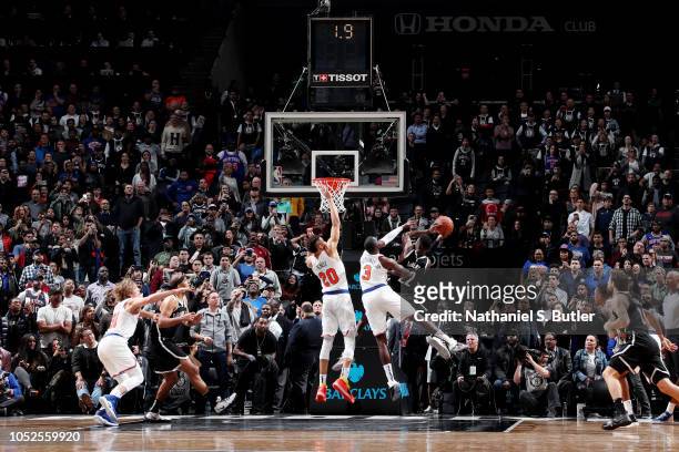 Caris LeVert of the Brooklyn Nets shoots the game winner late in the fourth quarter against the New York Knicks on October 19, 2018 at Barclays...