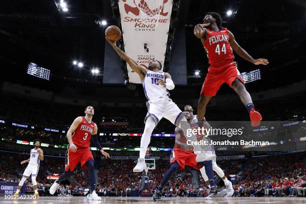 Frank Mason III of the Sacramento Kings shoots as Solomon Hill of the New Orleans Pelicans defends during the second half at the Smoothie King Center...