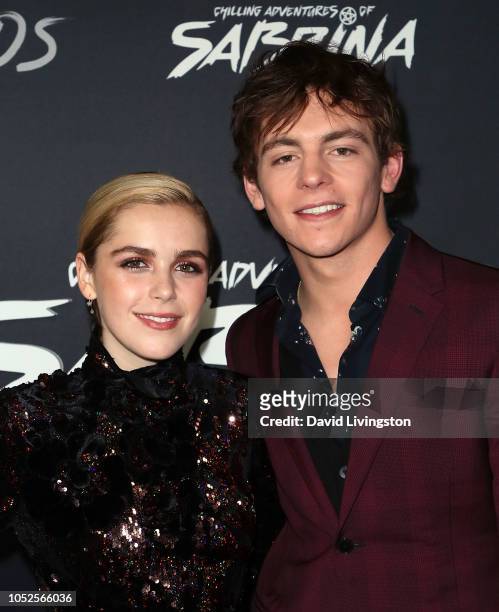 Kiernan Shipka and Ross Lynch attend the premiere of Netflix's "Chilling Adventures of Sabrina" at Hollywood Athletic Club on October 19, 2018 in...