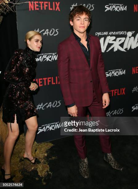 Kiernan Shipka and Ross Lynch attend the premiere of Netflix's 'Chilling Adventures of Sabrina' at Hollywood Athletic Club on October 19, 2018 in...