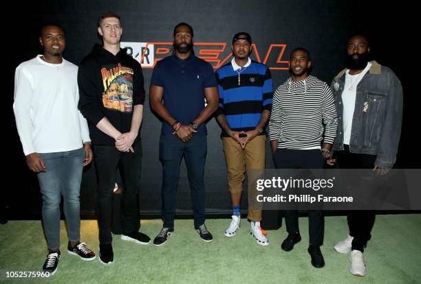 Players Gary Clark, Isaiah Hartenstein, Nene, Carmelo Anthony, Chris Paul, and James Harden attends the B/Real Premiere Event at Kimpton La Peer...