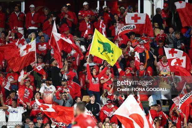 Fans watch the game during the rugby league international Test match between Australia and Tonga at Mt Smart Stadium in Auckland on October 20, 2018.