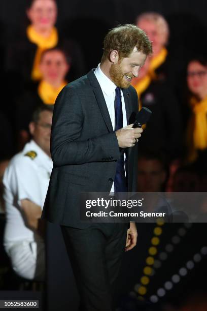 Prince Harry, Duke of Sussex, speaks during the Invictus Games Sydney 2018 Opening Ceremony at Sydney Opera House on October 20, 2018 in Sydney,...