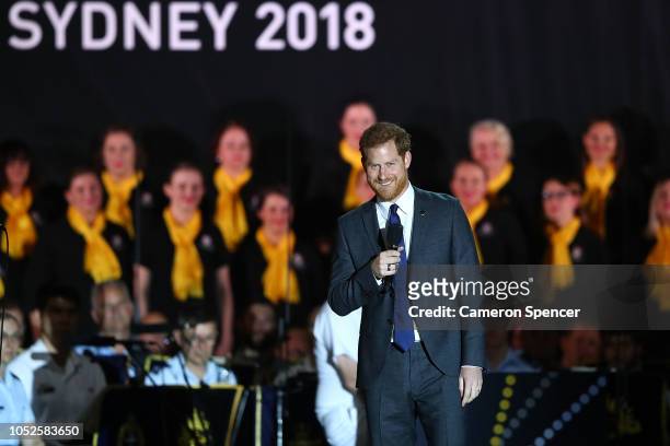 Prince Harry, Duke of Sussex, speaks during the Invictus Games Sydney 2018 Opening Ceremony at Sydney Opera House on October 20, 2018 in Sydney,...