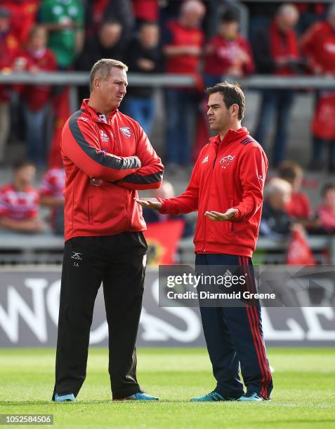 Limerick , Ireland - 20 October 2018; Gloucester head coach Johan Ackermann and Munster head coach Johann van Graan in conversation prior to the...