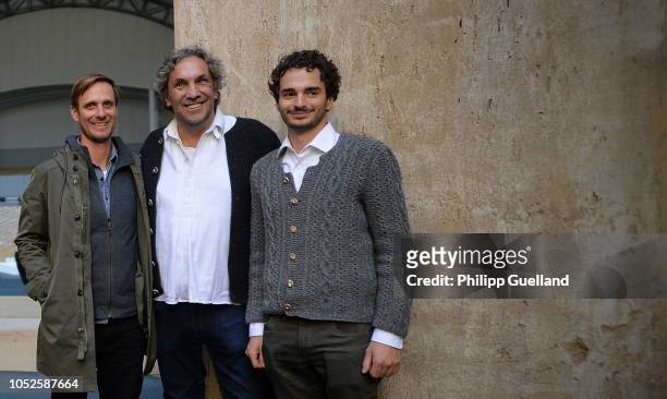 Jesus actors Frederik Mayet and Rochus Rueckel pose for a portrait with director Christian Stueckl during the presentation of actors who will...