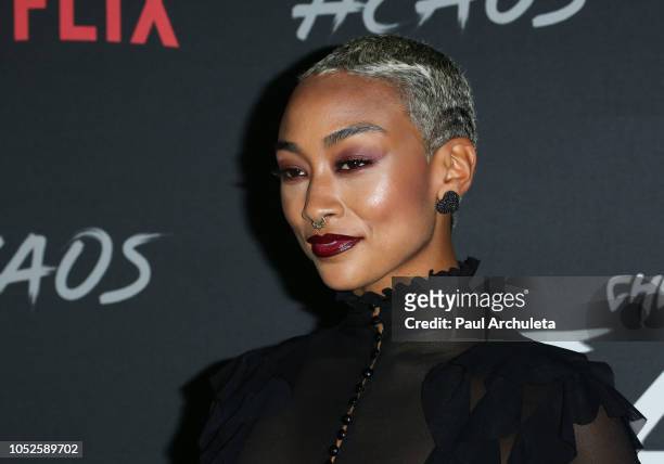 Actress Tati Gabrielle attends the premiere of Netflix's "Chilling Adventures Of Sabrina" at the Hollywood Athletic Club on October 19, 2018 in...