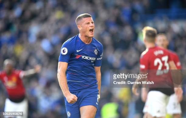Ross Barkley of Chelsea celebrates after scoring his team's second goal during the Premier League match between Chelsea FC and Manchester United at...