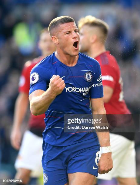 Ross Barkley of Chelsea celebrates after scoring his team's second goal during the Premier League match between Chelsea FC and Manchester United at...